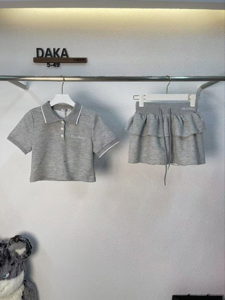 Miu Miu - Gray - Set - Short-Sleeve Polo Shirt And Tiered Skirt